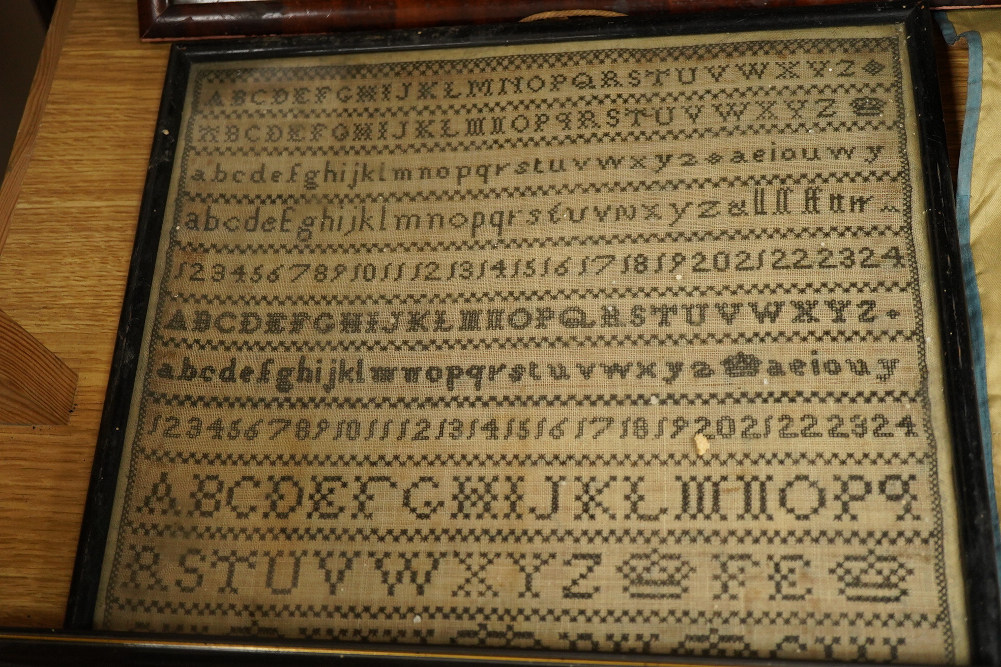 Three early 19th century samplers. One by Elizabeth Thoroughgood dated July 11th 1817, another from Ellen to Caroline, 22nd August 1829 and the third by Jane Hall aged 11, 1829. The first finely embroidered with a verse